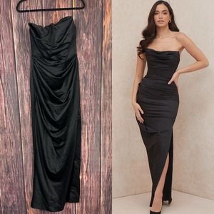 HOUSE OF CB Adrienne Satin Strapless Gown Back Zip Black Womens Size Large L